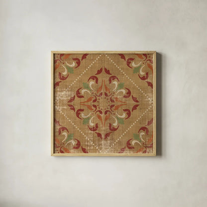 Moroccan Patchwork Red Tile II by Pela Studio. Shown in a natural wood glass frame for a timeless modern aesthetic. Available as an archival giclee rolled canvas, fine art paper, or poster print. SKU 74289a.