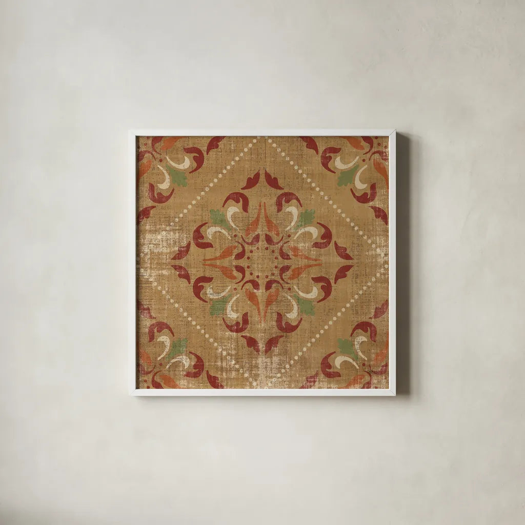 Moroccan Patchwork Red Tile II by Pela Studio. Shown in a crisp white glass frame for a clean and minimalist style. Available as an archival giclee rolled canvas, fine art paper, or poster print. SKU 74289a.