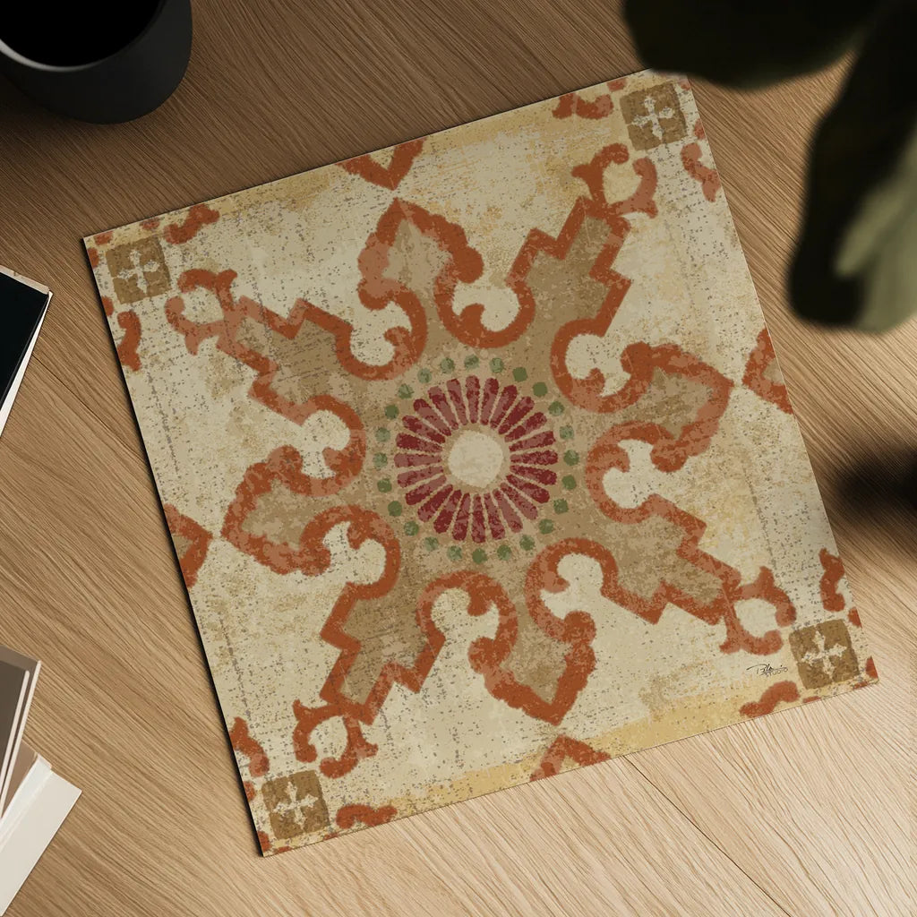 Moroccan Patchwork Red Tile III by Pela Studio. Shown as a detailed flat fine art print, highlighting archival giclee quality. Available as an archival giclee rolled canvas, fine art paper, or poster print. SKU 74290a.