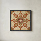 Moroccan Patchwork Red Tile III by Pela Studio. Shown in a sleek black glass frame for a contemporary gallery look. Available as an archival giclee rolled canvas, fine art paper, or poster print. SKU 74290a.
