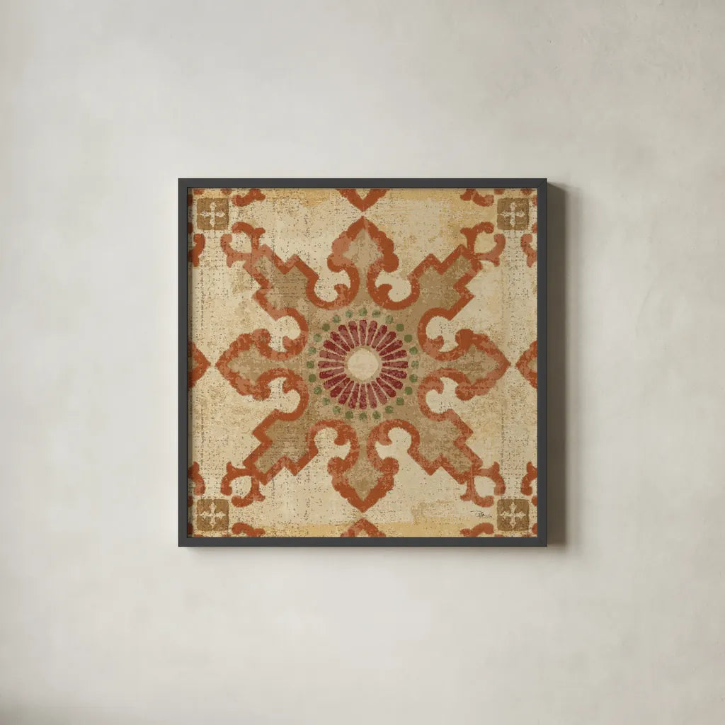 Moroccan Patchwork Red Tile III by Pela Studio. Shown in a sleek black glass frame for a contemporary gallery look. Available as an archival giclee rolled canvas, fine art paper, or poster print. SKU 74290a.
