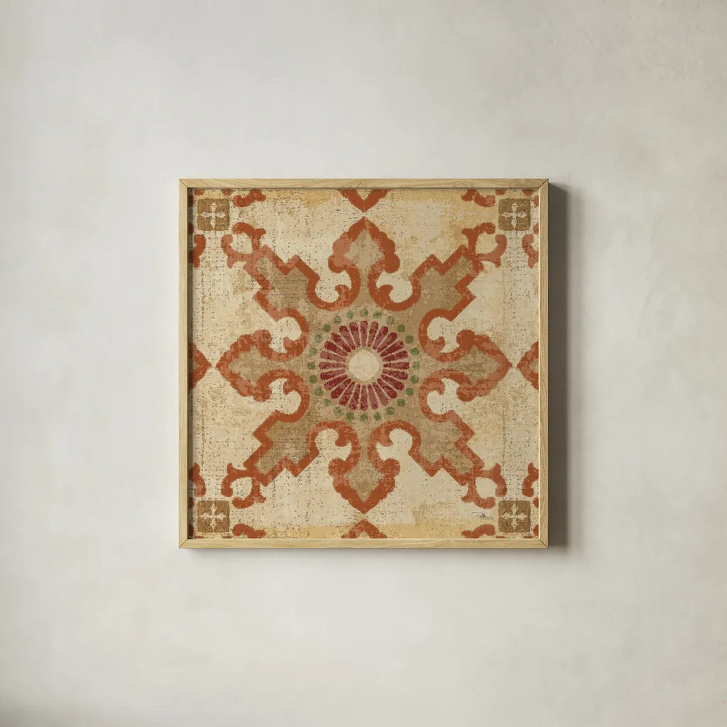 Moroccan Patchwork Red Tile III by Pela Studio. Shown in a natural wood glass frame for a timeless modern aesthetic. Available as an archival giclee rolled canvas, fine art paper, or poster print. SKU 74290a.