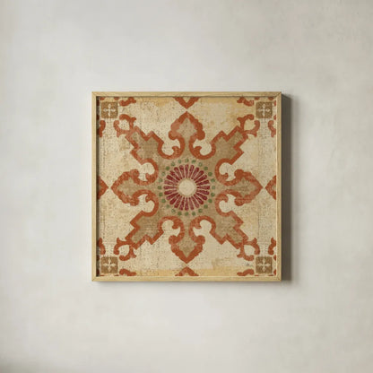 Moroccan Patchwork Red Tile III by Pela Studio. Shown in a natural wood glass frame for a timeless modern aesthetic. Available as an archival giclee rolled canvas, fine art paper, or poster print. SKU 74290a.
