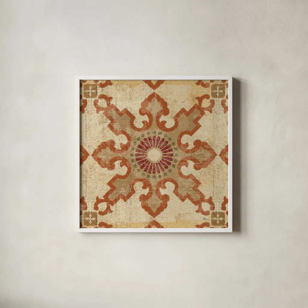 Moroccan Patchwork Red Tile III by Pela Studio. Shown in a crisp white glass frame for a clean and minimalist style. Available as an archival giclee rolled canvas, fine art paper, or poster print. SKU 74290a.