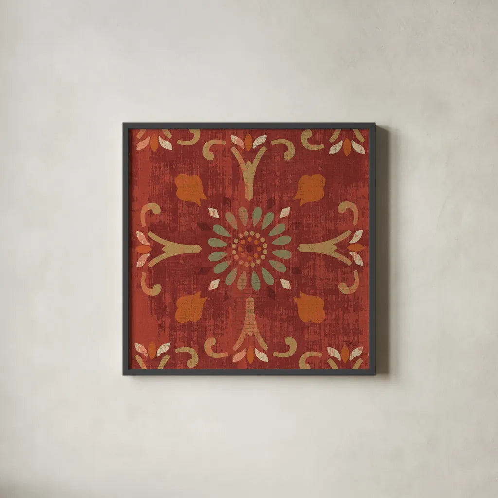 Moroccan Patchwork Red Tile IV by Pela Studio. Shown in a sleek black glass frame for a contemporary gallery look. Available as an archival giclee rolled canvas, fine art paper, or poster print. SKU 74293a.