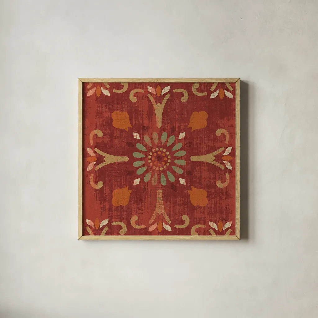 Moroccan Patchwork Red Tile IV by Pela Studio. Shown in a natural wood glass frame for a timeless modern aesthetic. Available as an archival giclee rolled canvas, fine art paper, or poster print. SKU 74293a.