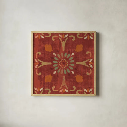 Moroccan Patchwork Red Tile IV by Pela Studio. Shown in a natural wood glass frame for a timeless modern aesthetic. Available as an archival giclee rolled canvas, fine art paper, or poster print. SKU 74293a.