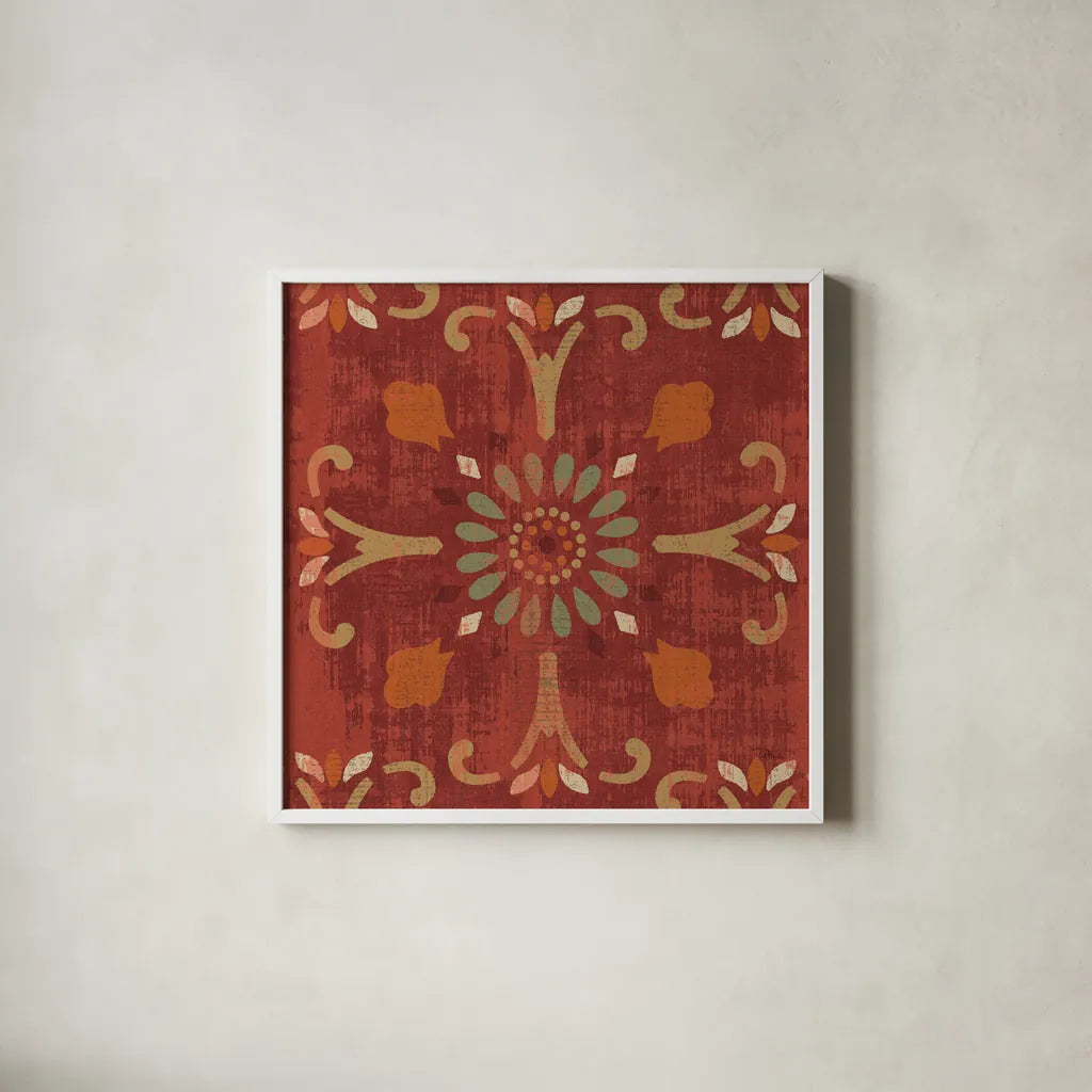 Moroccan Patchwork Red Tile IV by Pela Studio. Shown in a crisp white glass frame for a clean and minimalist style. Available as an archival giclee rolled canvas, fine art paper, or poster print. SKU 74293a.
