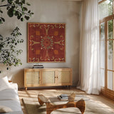 Moroccan Patchwork Red Tile IV by Pela Studio. Shown in a natural wood frame in a cozy modern living room. Available as an archival giclee rolled canvas, fine art paper, or poster print. SKU 74293a.
