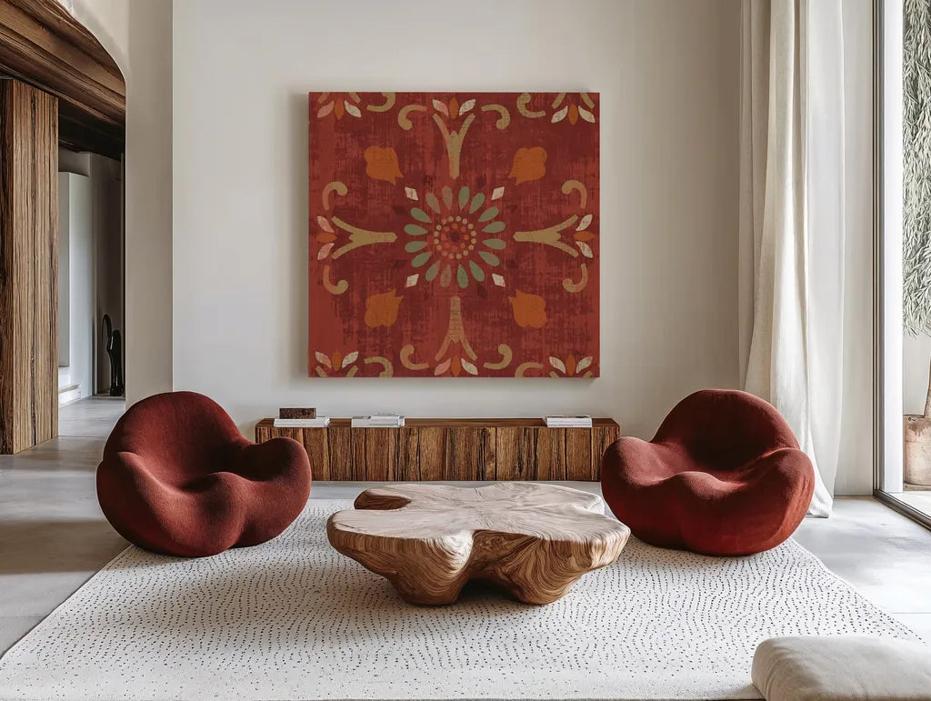 Moroccan Patchwork Red Tile IV by Pela Studio. Shown as extra-large giant wall art in a modern living room. Available as an archival giclee rolled canvas, fine art paper, or poster print. SKU 74293a.