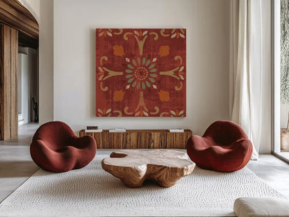 Moroccan Patchwork Red Tile IV by Pela Studio. Shown as extra-large giant wall art in a modern living room. Available as an archival giclee rolled canvas, fine art paper, or poster print. SKU 74293a.
