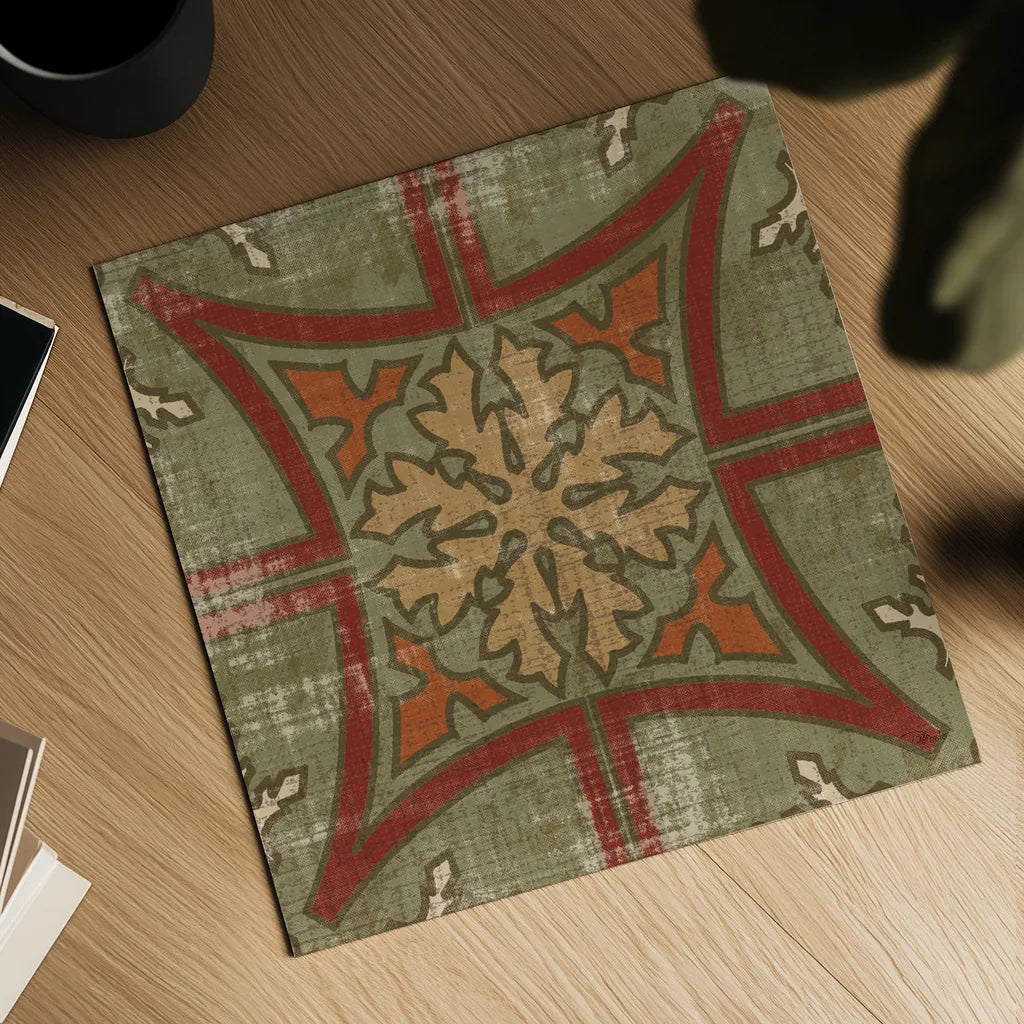 Moroccan Patchwork Red Tile V by Pela Studio. Shown as a detailed flat fine art print, highlighting archival giclee quality. Available as an archival giclee rolled canvas, fine art paper, or poster print. SKU 74295a.