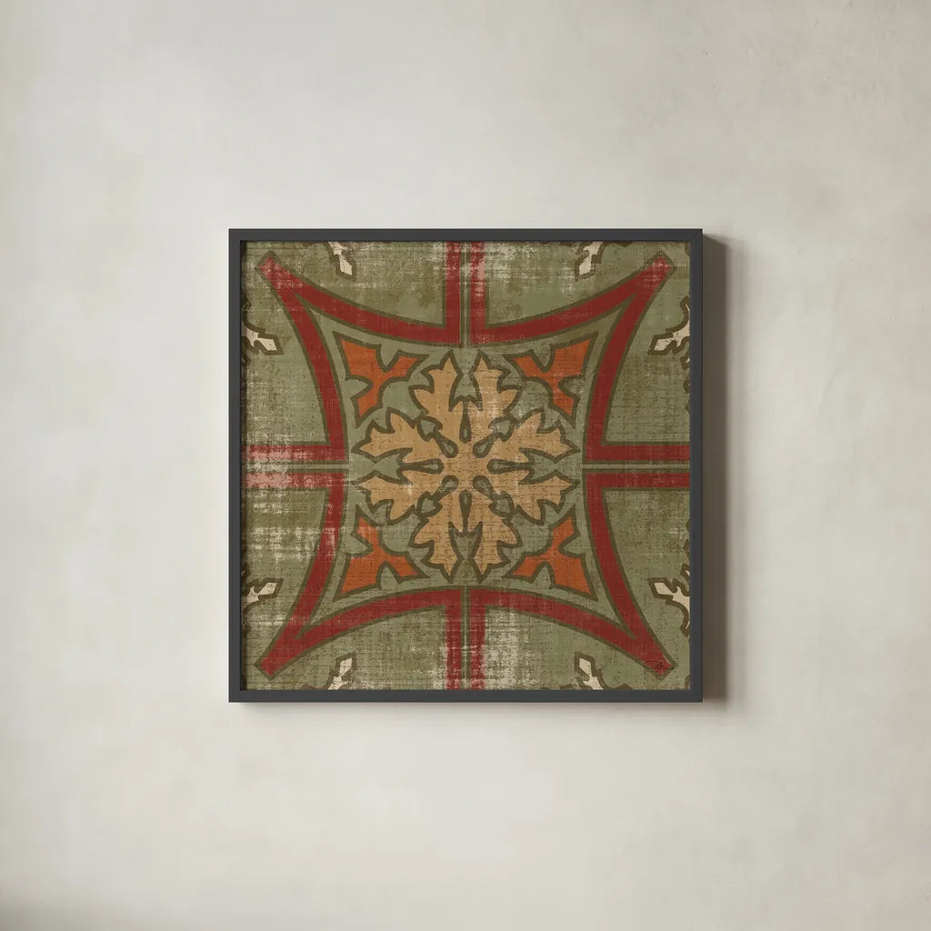 Moroccan Patchwork Red Tile V by Pela Studio. Shown in a sleek black glass frame for a contemporary gallery look. Available as an archival giclee rolled canvas, fine art paper, or poster print. SKU 74295a.