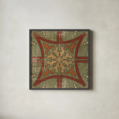 Moroccan Patchwork Red Tile V by Pela Studio. Shown in a sleek black glass frame for a contemporary gallery look. Available as an archival giclee rolled canvas, fine art paper, or poster print. SKU 74295a.