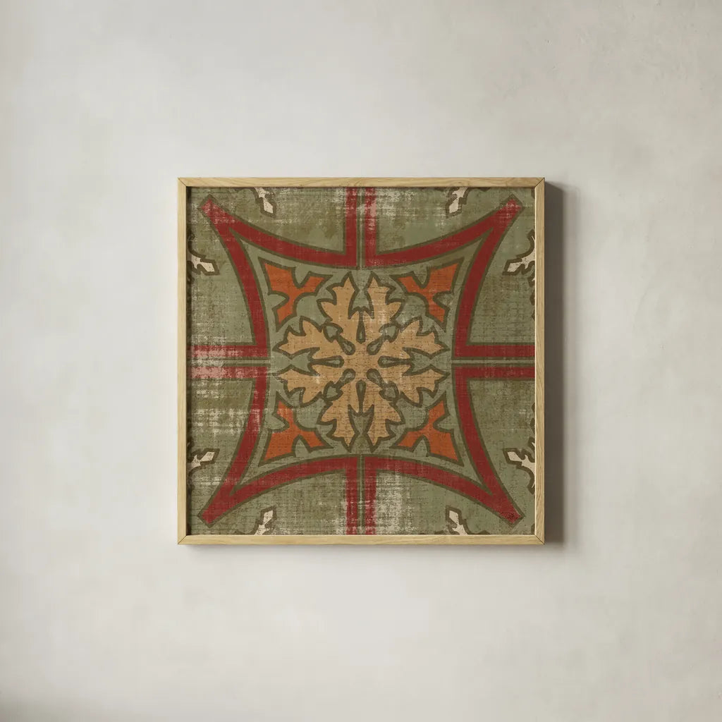 Moroccan Patchwork Red Tile V by Pela Studio. Shown in a natural wood glass frame for a timeless modern aesthetic. Available as an archival giclee rolled canvas, fine art paper, or poster print. SKU 74295a.