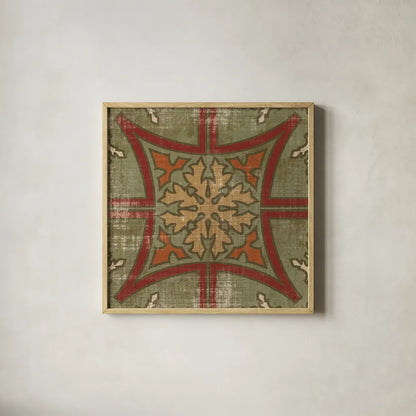 Moroccan Patchwork Red Tile V by Pela Studio. Shown in a natural wood glass frame for a timeless modern aesthetic. Available as an archival giclee rolled canvas, fine art paper, or poster print. SKU 74295a.