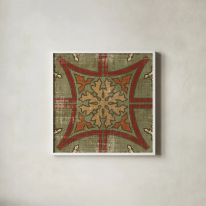 Moroccan Patchwork Red Tile V by Pela Studio. Shown in a crisp white glass frame for a clean and minimalist style. Available as an archival giclee rolled canvas, fine art paper, or poster print. SKU 74295a.