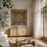 Moroccan Patchwork Red Tile V by Pela Studio. Shown in a natural wood frame in a cozy modern living room. Available as an archival giclee rolled canvas, fine art paper, or poster print. SKU 74295a.