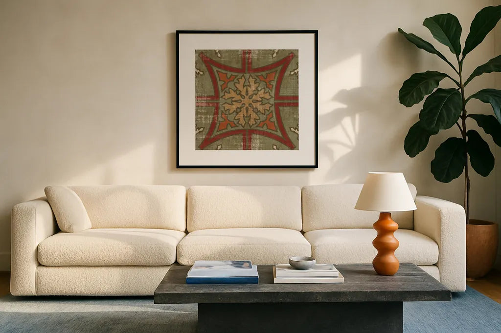 Moroccan Patchwork Red Tile V by Pela Studio. Displayed in a glass frame with matte in a clean modern living room. Available as an archival giclee rolled canvas, fine art paper, or poster print. SKU 74295a.