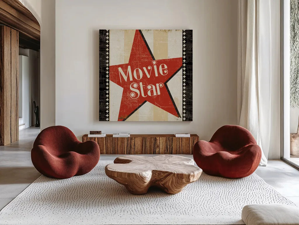Movie Star Border 8x8 by Pela Studio. Shown as extra-large giant wall art in a modern living room. Available as an archival giclee rolled canvas, fine art paper, or poster print. SKU 11215a.
