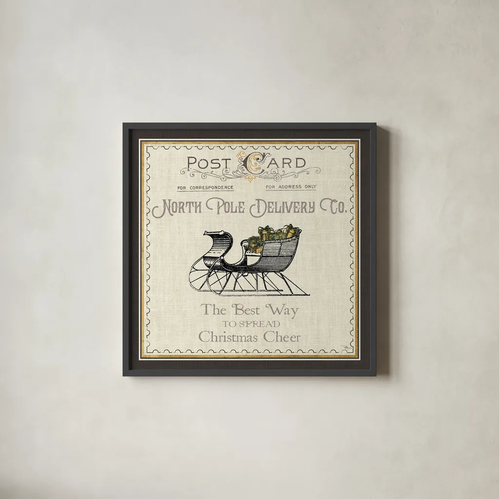North Pole Express II Neutral by Pela Studio. Shown in a sleek black glass frame for a contemporary gallery look. Available as an archival giclee rolled canvas, fine art paper, or poster print. SKU 66643a.