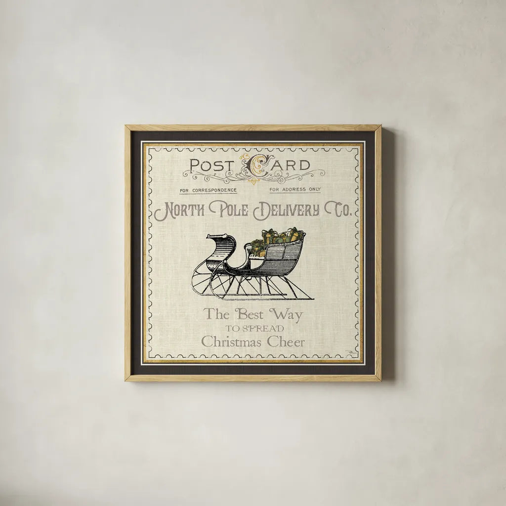 North Pole Express II Neutral by Pela Studio. Shown in a natural wood glass frame for a timeless modern aesthetic. Available as an archival giclee rolled canvas, fine art paper, or poster print. SKU 66643a.