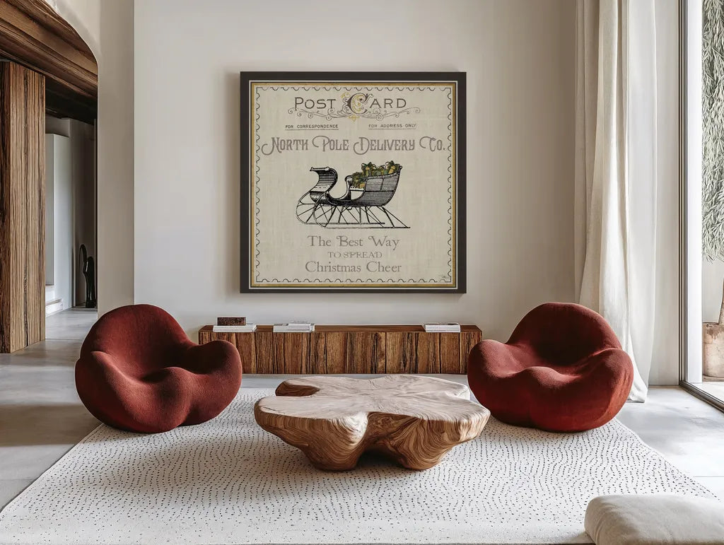 North Pole Express II Neutral by Pela Studio. Shown as extra-large giant wall art in a modern living room. Available as an archival giclee rolled canvas, fine art paper, or poster print. SKU 66643a.