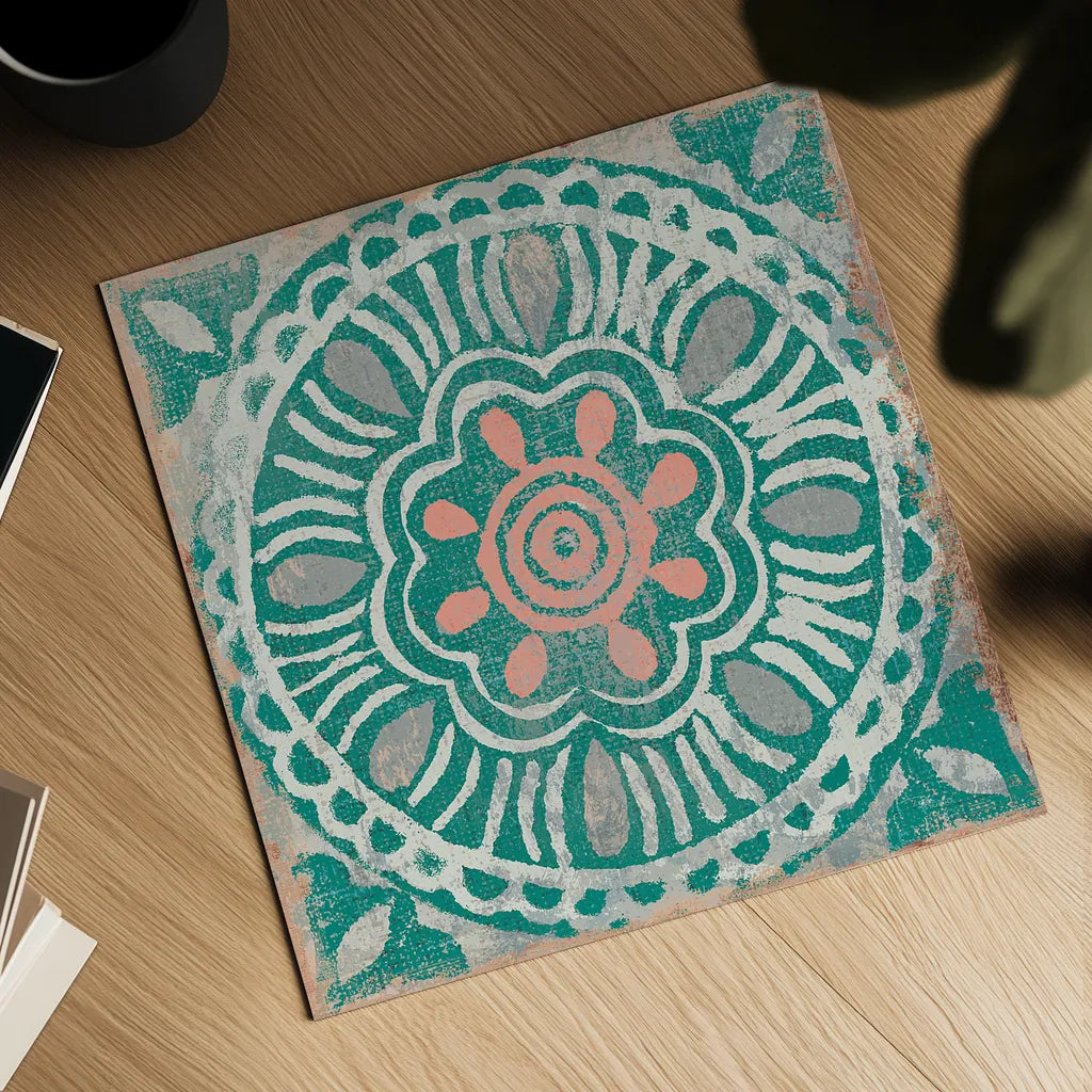 Ocean Tale Tile VI Coral by Pela Studio. Shown as a detailed flat fine art print, highlighting archival giclee quality. Available as an archival giclee rolled canvas, fine art paper, or poster print. SKU 15428a.