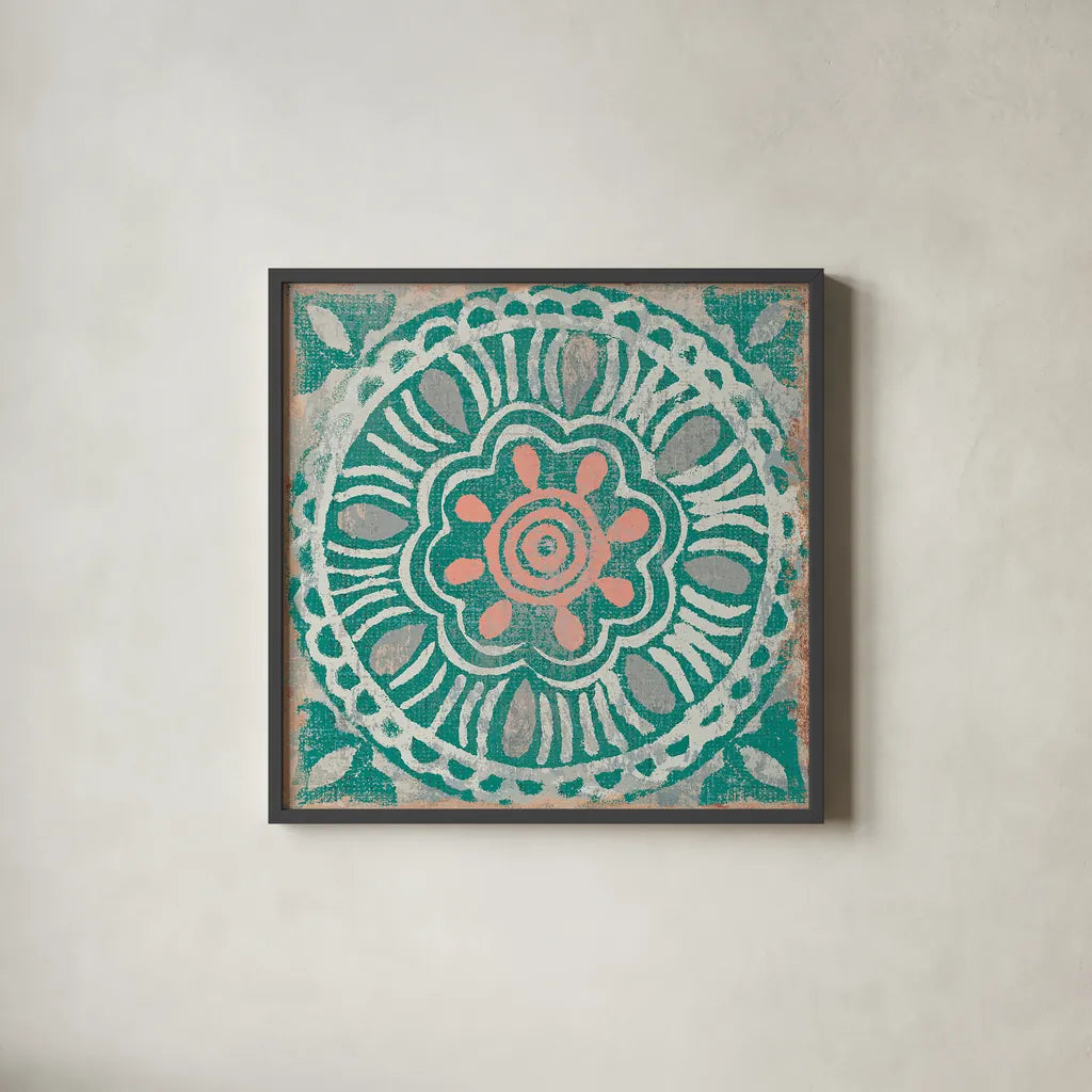 Ocean Tale Tile VI Coral by Pela Studio. Shown in a sleek black glass frame for a contemporary gallery look. Available as an archival giclee rolled canvas, fine art paper, or poster print. SKU 15428a.