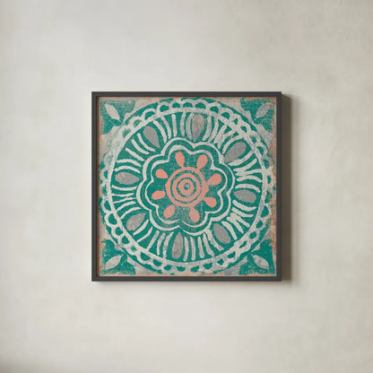 Ocean Tale Tile VI Coral by Pela Studio. Shown in a sleek black glass frame for a contemporary gallery look. Available as an archival giclee rolled canvas, fine art paper, or poster print. SKU 15428a.