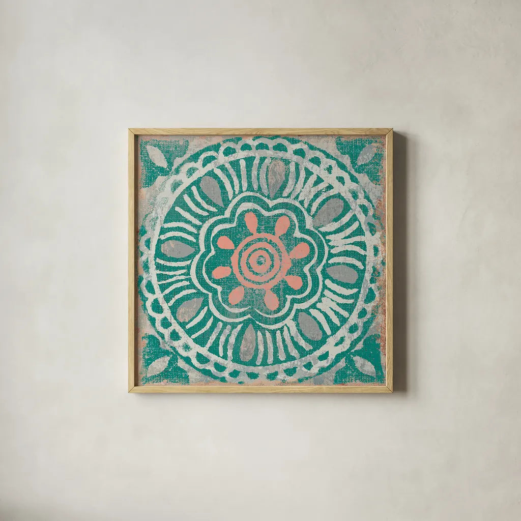 Ocean Tale Tile VI Coral by Pela Studio. Shown in a natural wood glass frame for a timeless modern aesthetic. Available as an archival giclee rolled canvas, fine art paper, or poster print. SKU 15428a.