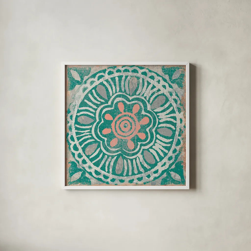 Ocean Tale Tile VI Coral by Pela Studio. Shown in a crisp white glass frame for a clean and minimalist style. Available as an archival giclee rolled canvas, fine art paper, or poster print. SKU 15428a.