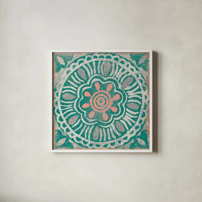 Ocean Tale Tile VI Coral by Pela Studio. Shown in a crisp white glass frame for a clean and minimalist style. Available as an archival giclee rolled canvas, fine art paper, or poster print. SKU 15428a.