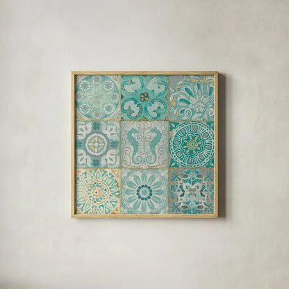 Ocean Tales I by Pela Studio. Shown in a natural wood glass frame for a timeless modern aesthetic. Available as an archival giclee rolled canvas, fine art paper, or poster print. SKU 12833a.