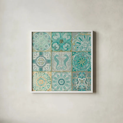 Ocean Tales I by Pela Studio. Shown in a crisp white glass frame for a clean and minimalist style. Available as an archival giclee rolled canvas, fine art paper, or poster print. SKU 12833a.