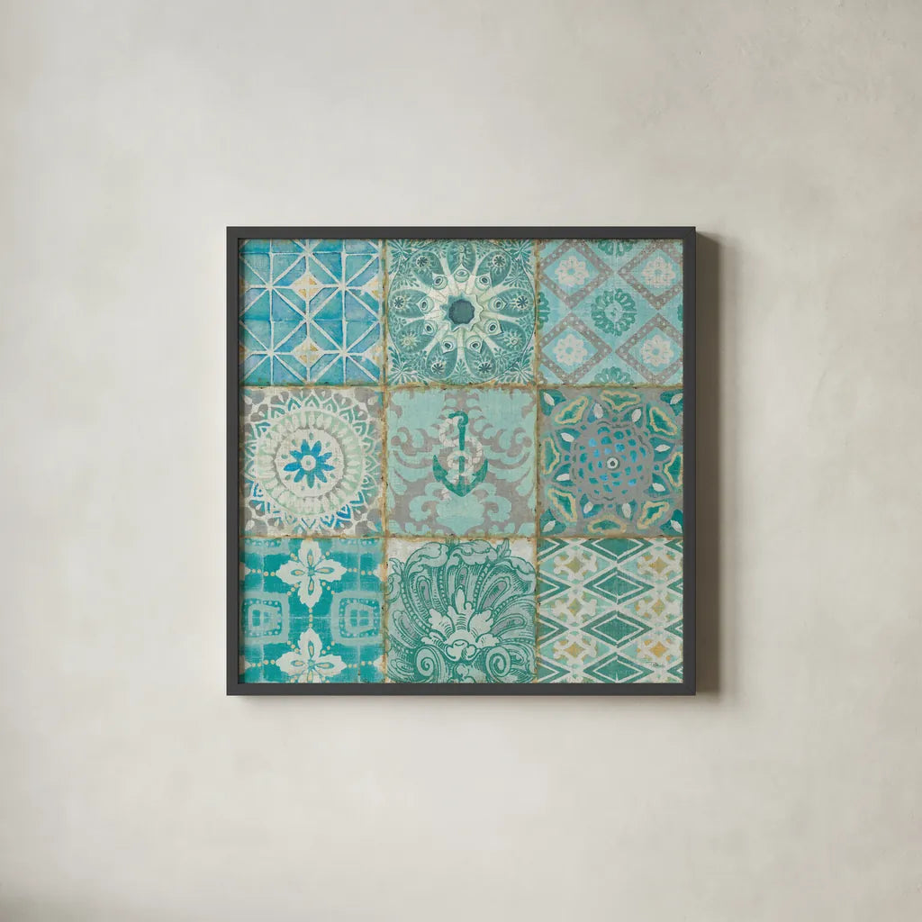 Ocean Tales II by Pela Studio. Shown in a sleek black glass frame for a contemporary gallery look. Available as an archival giclee rolled canvas, fine art paper, or poster print. SKU 12834a.