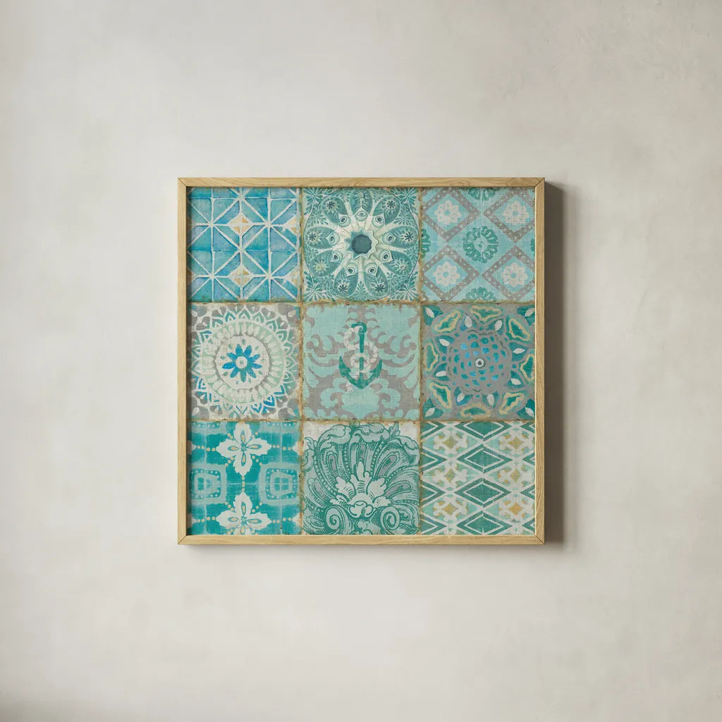 Ocean Tales II by Pela Studio. Shown in a natural wood glass frame for a timeless modern aesthetic. Available as an archival giclee rolled canvas, fine art paper, or poster print. SKU 12834a.