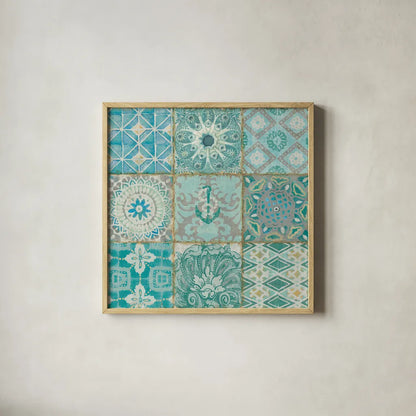 Ocean Tales II by Pela Studio. Shown in a natural wood glass frame for a timeless modern aesthetic. Available as an archival giclee rolled canvas, fine art paper, or poster print. SKU 12834a.