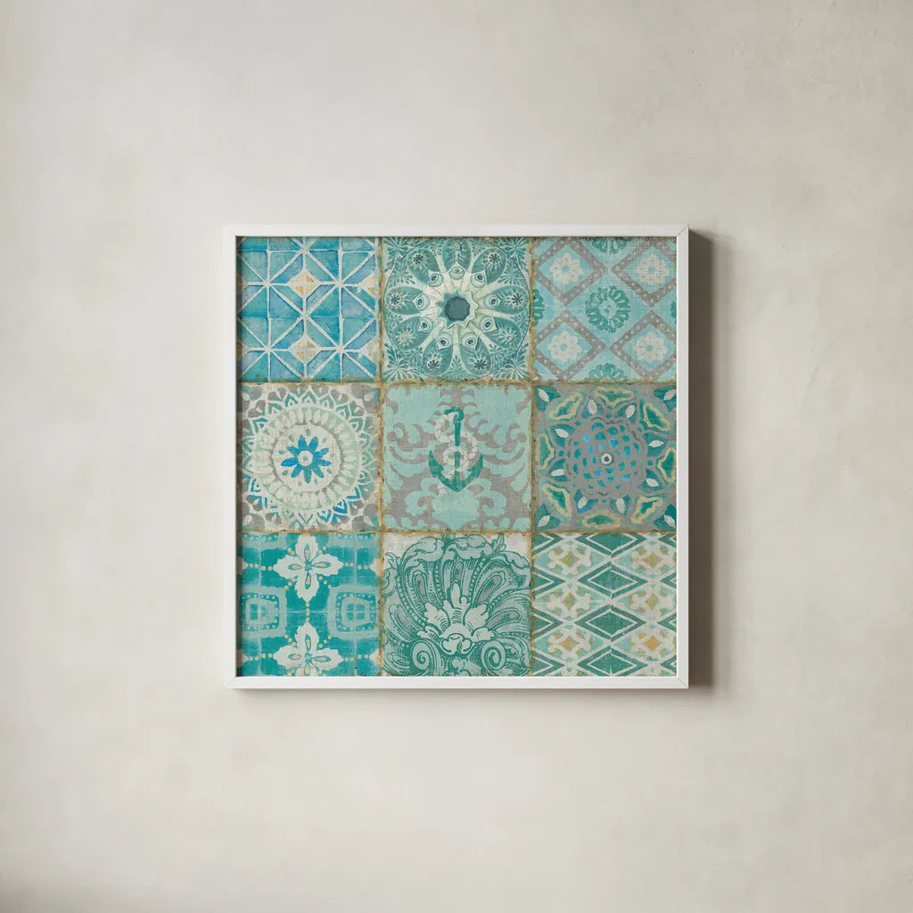 Ocean Tales II by Pela Studio. Shown in a crisp white glass frame for a clean and minimalist style. Available as an archival giclee rolled canvas, fine art paper, or poster print. SKU 12834a.