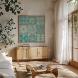 Ocean Tales II by Pela Studio. Shown in a natural wood frame in a cozy modern living room. Available as an archival giclee rolled canvas, fine art paper, or poster print. SKU 12834a.