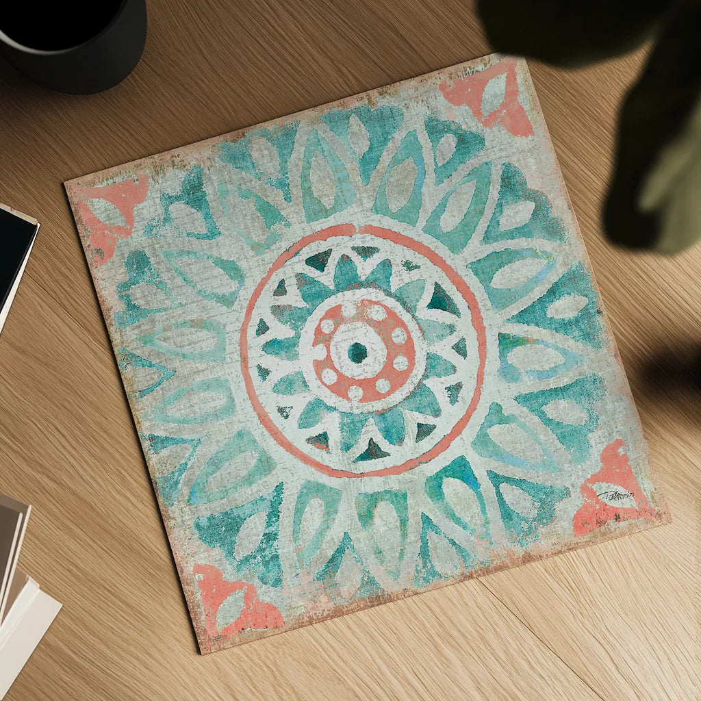 Ocean Tales Tile VII Coral by Pela Studio. Shown as a detailed flat fine art print, highlighting archival giclee quality. Available as an archival giclee rolled canvas, fine art paper, or poster print. SKU 15429a.