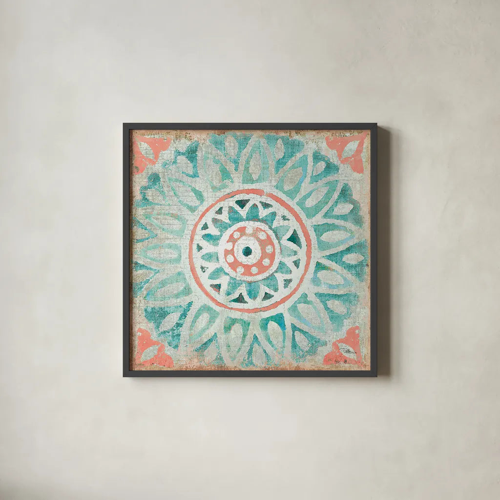 Ocean Tales Tile VII Coral by Pela Studio. Shown in a sleek black glass frame for a contemporary gallery look. Available as an archival giclee rolled canvas, fine art paper, or poster print. SKU 15429a.