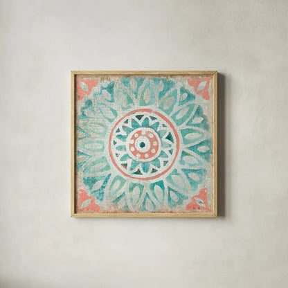 Ocean Tales Tile VII Coral by Pela Studio. Shown in a natural wood glass frame for a timeless modern aesthetic. Available as an archival giclee rolled canvas, fine art paper, or poster print. SKU 15429a.