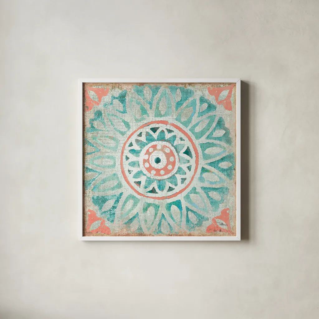 Ocean Tales Tile VII Coral by Pela Studio. Shown in a crisp white glass frame for a clean and minimalist style. Available as an archival giclee rolled canvas, fine art paper, or poster print. SKU 15429a.
