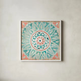 Ocean Tales Tile VII Coral by Pela Studio. Shown in a crisp white glass frame for a clean and minimalist style. Available as an archival giclee rolled canvas, fine art paper, or poster print. SKU 15429a.