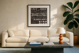 On the Road Again IV by Pela Studio. Displayed in a glass frame with matte in a clean modern living room. Available as an archival giclee rolled canvas, fine art paper, or poster print. SKU 19974a.