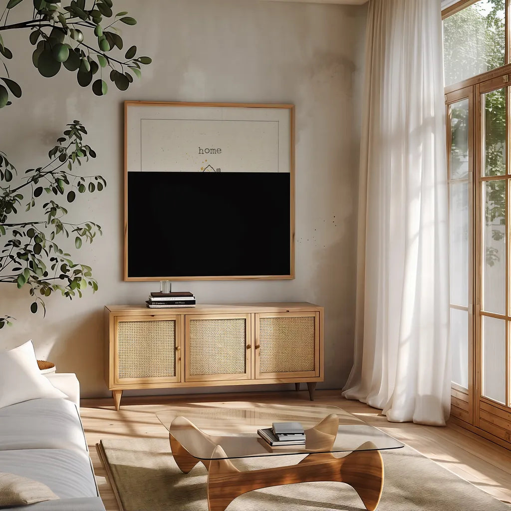 Opposites Cuties I by Pela Studio. Shown in a natural wood frame in a cozy modern living room. Available as an archival giclee rolled canvas, fine art paper, or poster print. SKU 25111a.