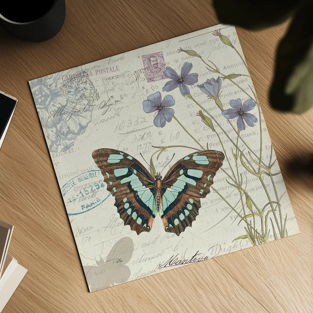 Papillon Tales I by Pela Studio. Shown as a detailed flat fine art print, highlighting archival giclee quality. Available as an archival giclee rolled canvas, fine art paper, or poster print. SKU 7621a.