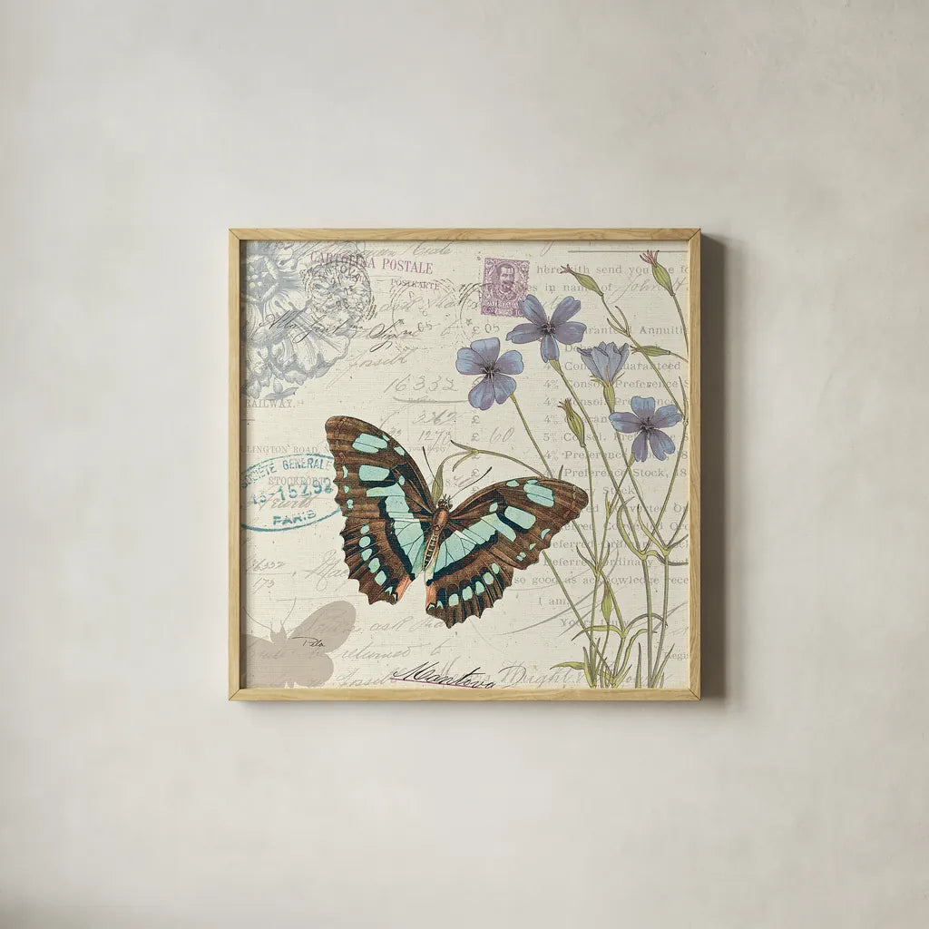 Papillon Tales I by Pela Studio. Shown in a natural wood glass frame for a timeless modern aesthetic. Available as an archival giclee rolled canvas, fine art paper, or poster print. SKU 7621a.