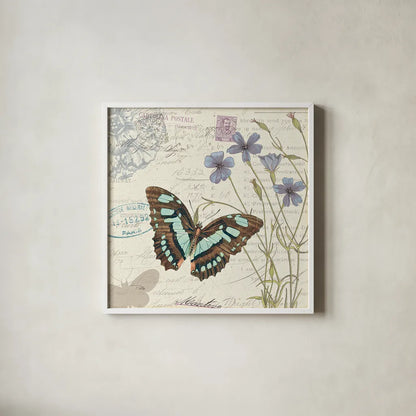 Papillon Tales I by Pela Studio. Shown in a crisp white glass frame for a clean and minimalist style. Available as an archival giclee rolled canvas, fine art paper, or poster print. SKU 7621a.